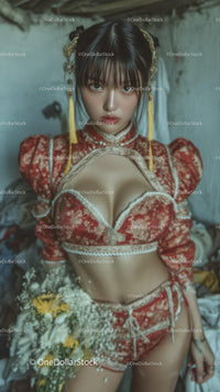 Young Woman in Traditional Chinese Dress and Lingerie in Seductive Portrait
