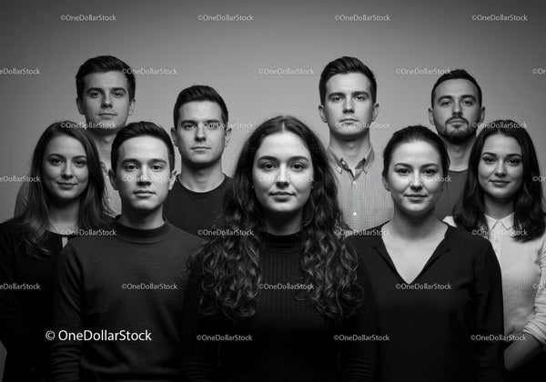 Serious young adults standing closely in black and white