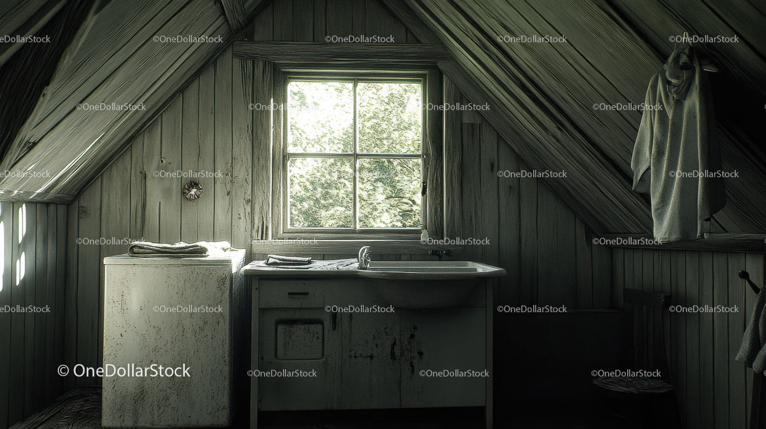 Rustic Attic Room with Vintage Sink and Wooden Walls