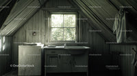 Rustic Attic Room with Vintage Sink and Wooden Walls