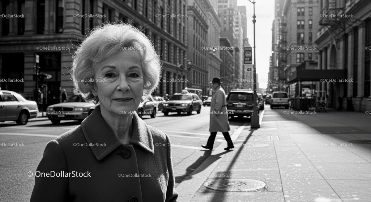 Elderly Woman in Busy City Street Surrounded by Vintage Cars