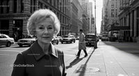 Elderly Woman in Busy City Street Surrounded by Vintage Cars