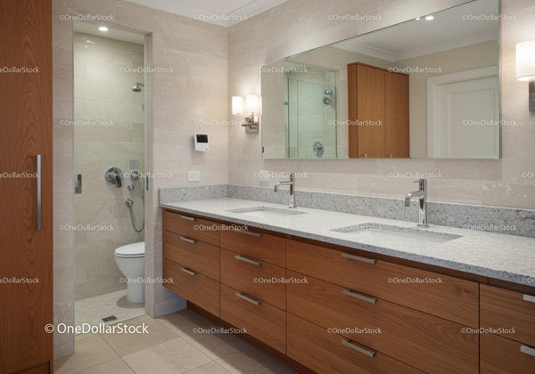 Modern Bathroom with Double Sink Vanity and Wooden Cabinets