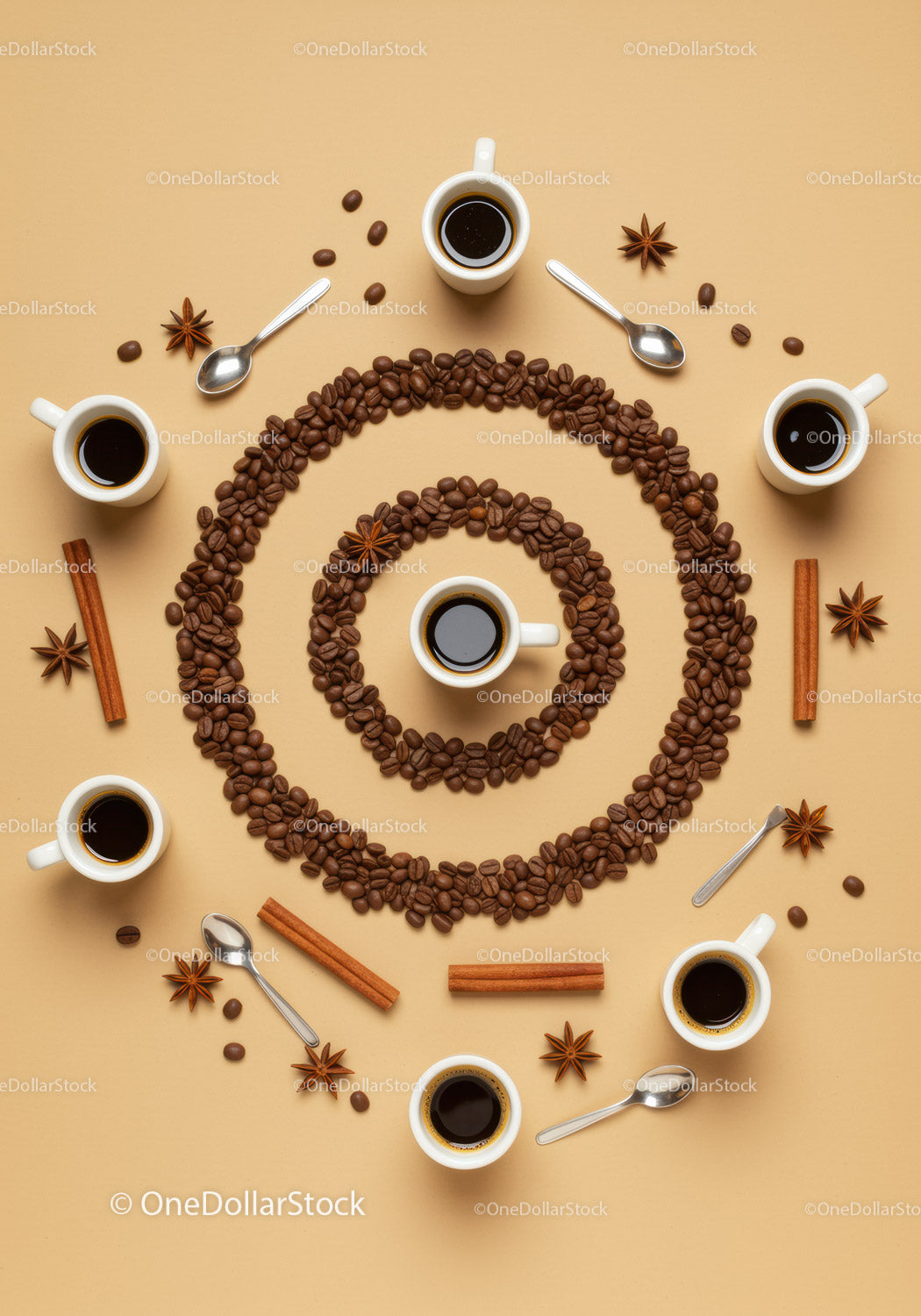 Top view of black coffee cups with coffee beans spiral