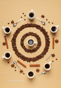 Top view of black coffee cups with coffee beans spiral