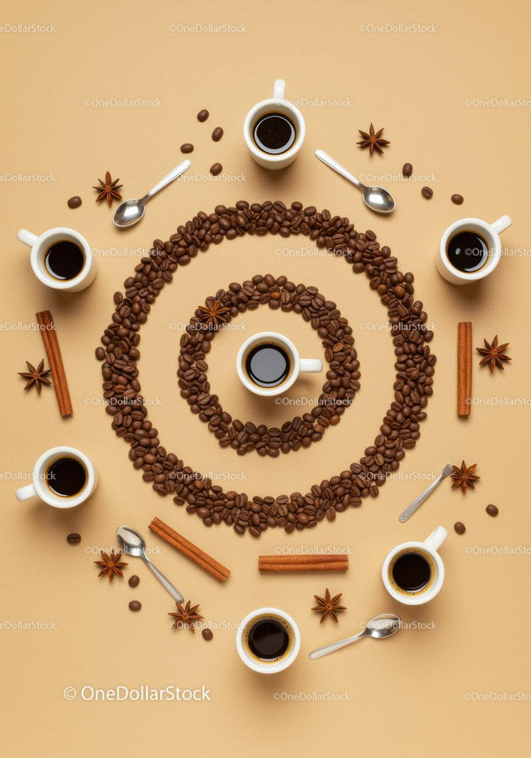 Top view of black coffee cups with coffee beans spiral