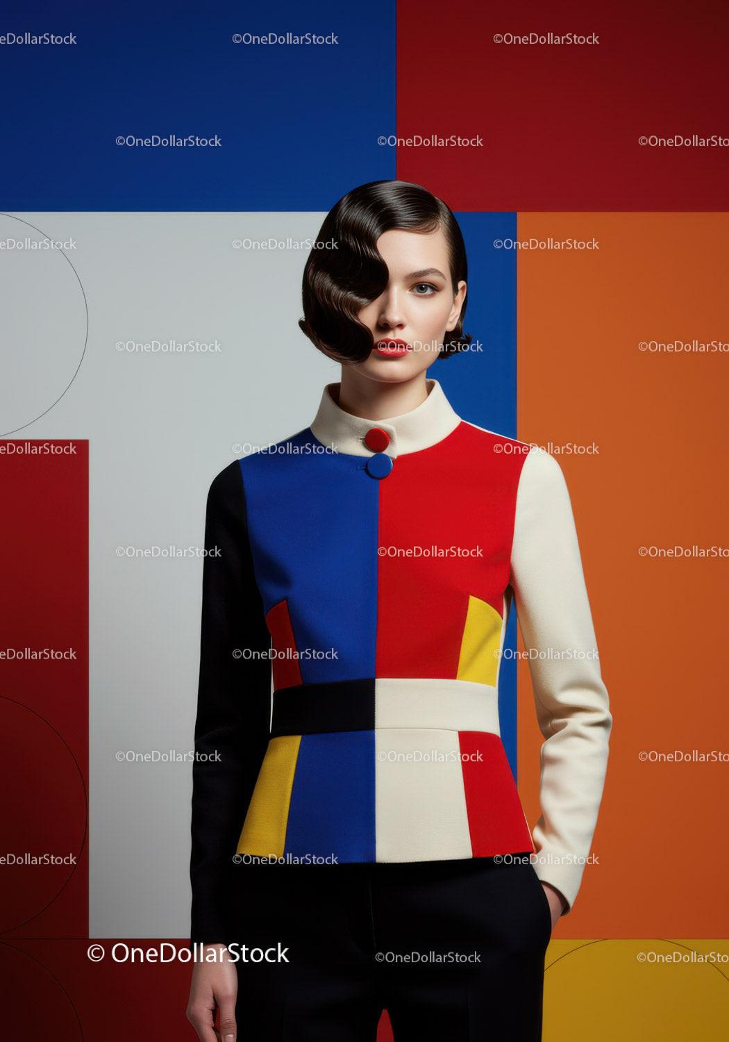 Model in Bold Geometric Colorblock Jacket