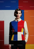 Model in Bold Geometric Colorblock Jacket