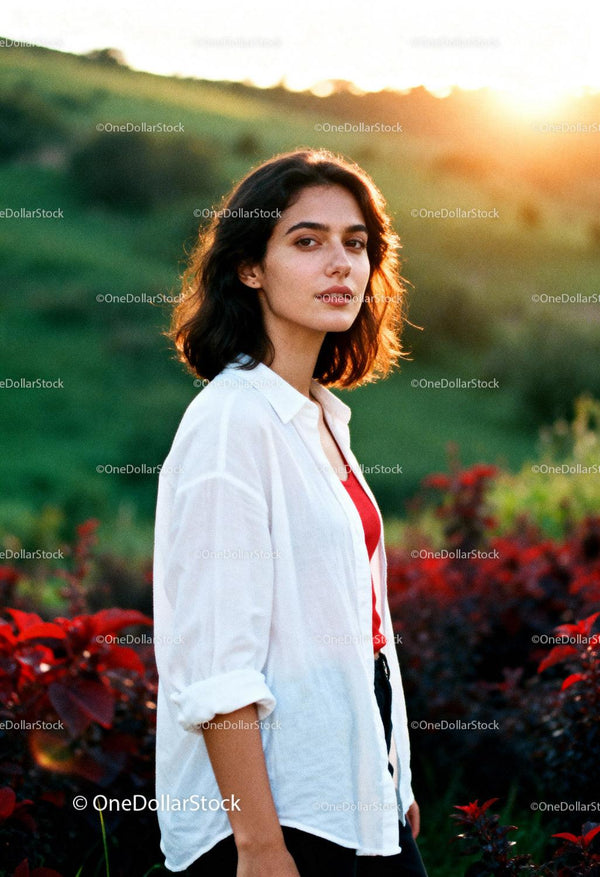 Young woman standing in garden during golden hour