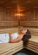 Relaxing Woman Resting in Wooden Sauna for Wellness and Stress Relief