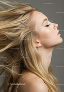 Blonde woman with flowing hair and serene expression