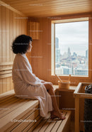 Woman Relaxing in a Sauna with City View in Wooden Interior