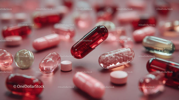 Close-up of various colorful pills and capsules on pink background