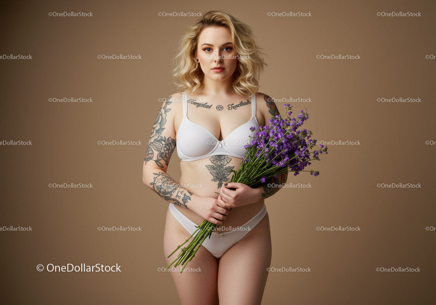 Beautiful Tattooed Woman in White Lingerie Holding Purple Flowers with Beige Background
