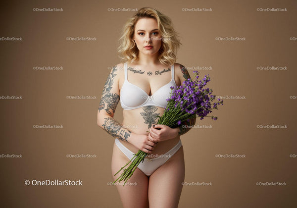 Beautiful Tattooed Woman in White Lingerie Holding Purple Flowers with Beige Background