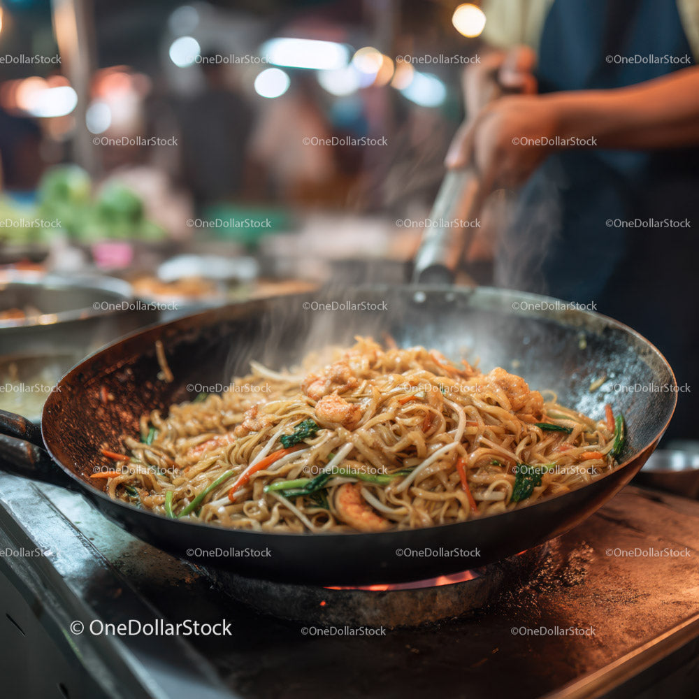 Stir-Fried Noodles with Vegetables in a Professional Street Food Setting