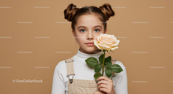 Young Girl Holding a Pale Pink Rose Against Beige Background