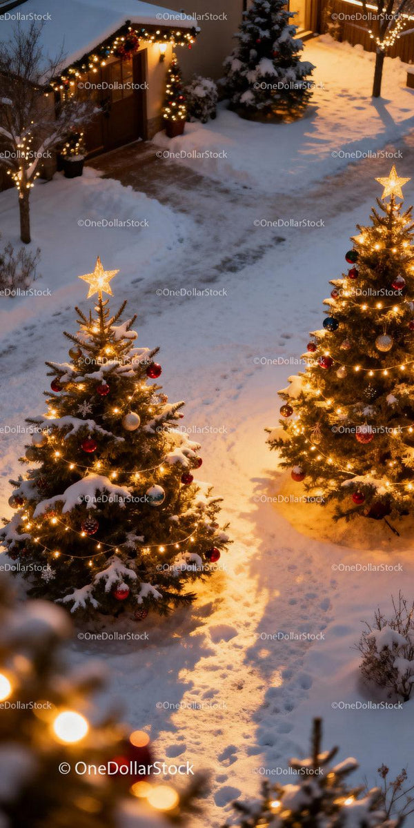 Festive Outdoor Christmas Trees in Snowy Winter Evening