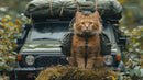 Adventurous Orange Cat with Backpack Exploring Nature in Wilderness