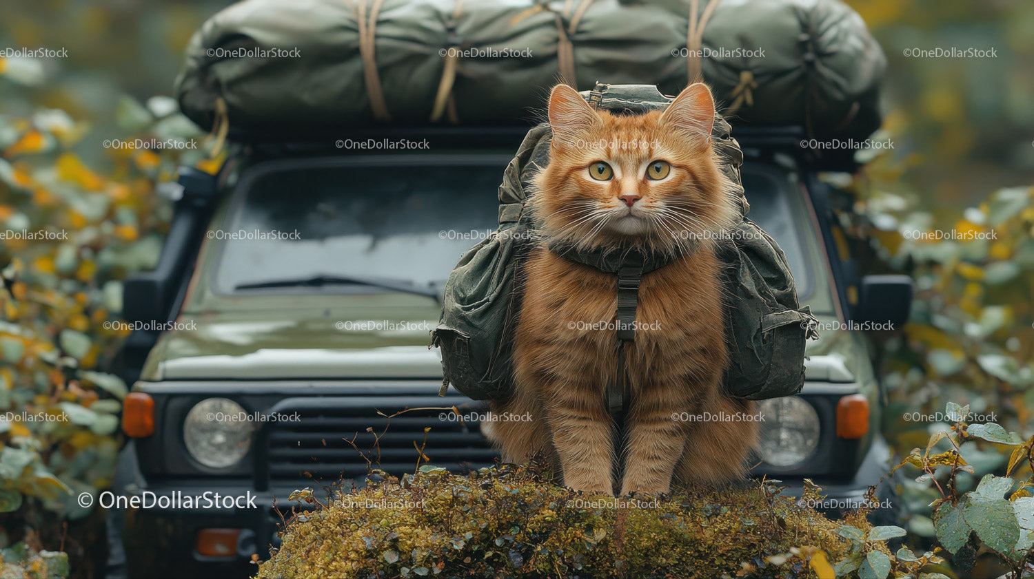 Adventurous Orange Cat with Backpack Exploring Nature in Wilderness