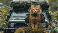 Adventurous Orange Cat with Backpack Exploring Nature in Wilderness