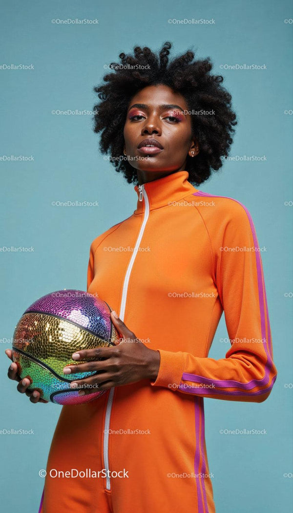 Stylish African American Woman in Orange Tracksuit Holding Basketball