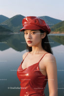 Elegant Woman in Red Leather Outfit and Beret by Lake with Mountains