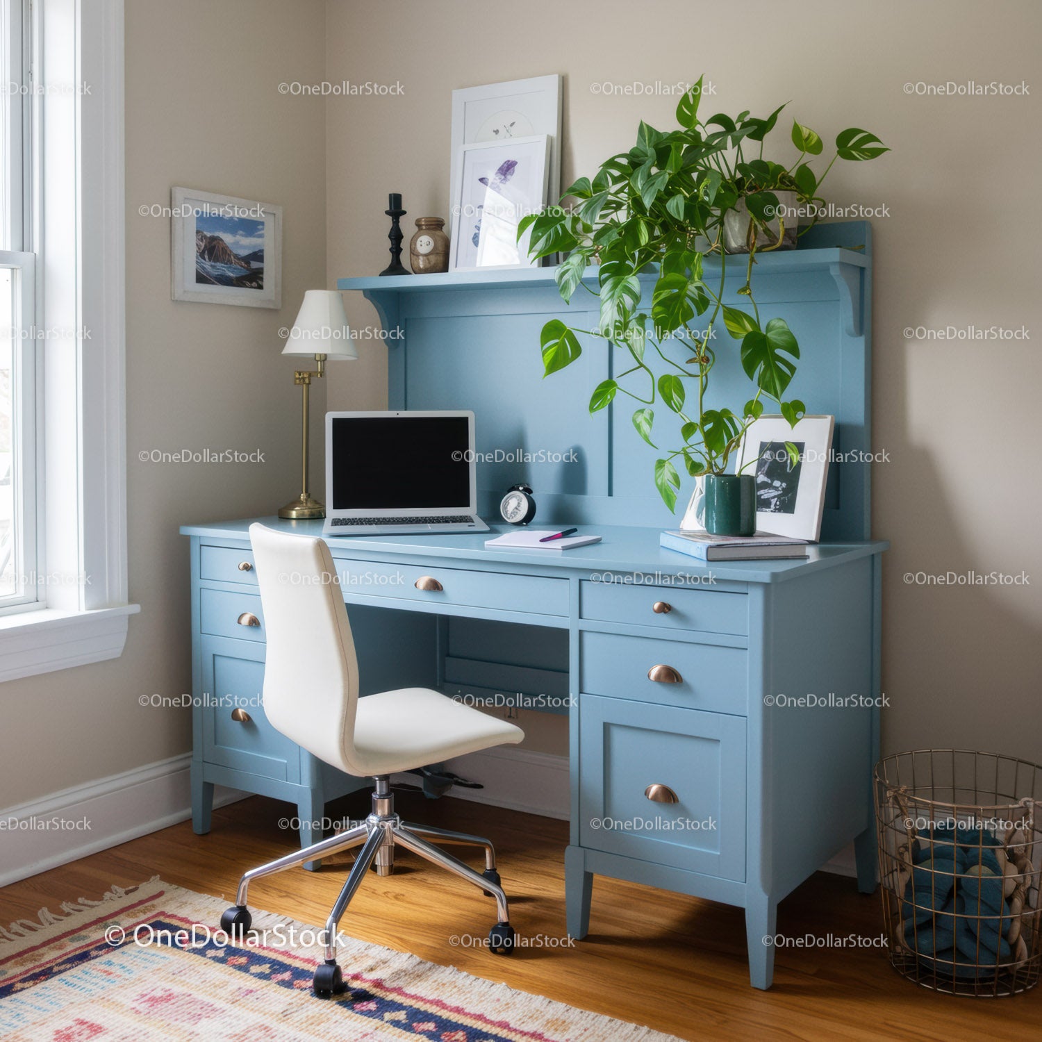 Blue Vintage Desk with Houseplants and Natural Light in Modern Home Office