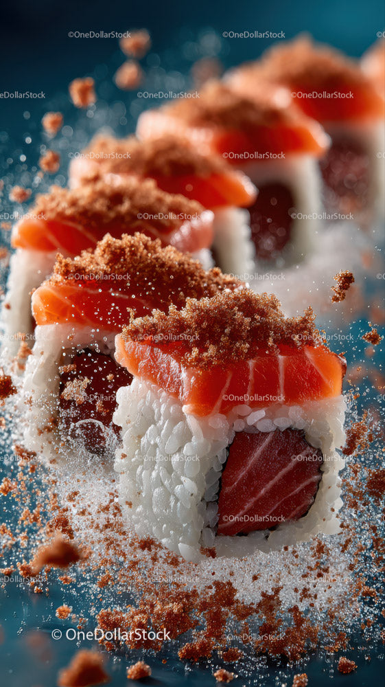 Świeże rolki sushi z łososiem i chrupiącą posypką na niebieskiej powierzchni