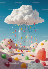 Colorful Candy Rain Falling Over Whipped Cream Landscape
