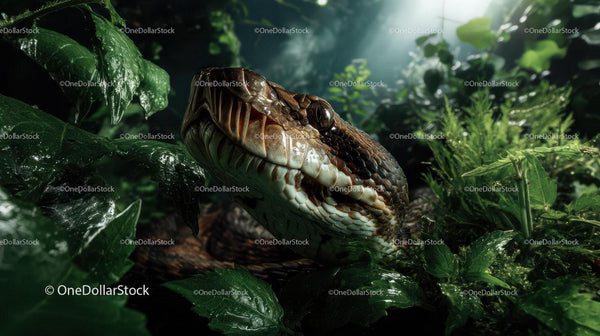 Tropical Jungle Python Hidden Among lush Green Leaves