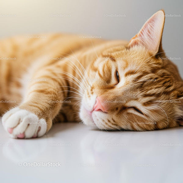 Relaxed ginger cat resting peacefully on white surface