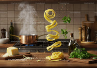 Fresh pasta swirling with herbs and spices in kitchen
