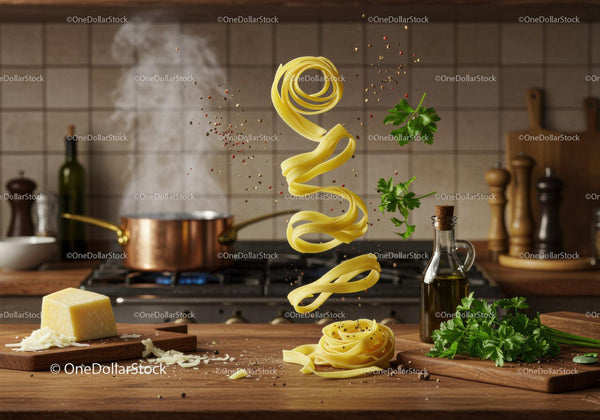 Fresh pasta swirling with herbs and spices in kitchen