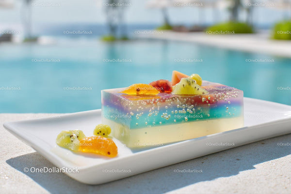 Colorful Fruit and Jelly Dessert with Tropical Fruits by Poolside