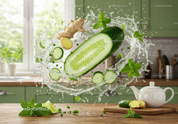 Fresh cucumber and ginger splash with mint leaves