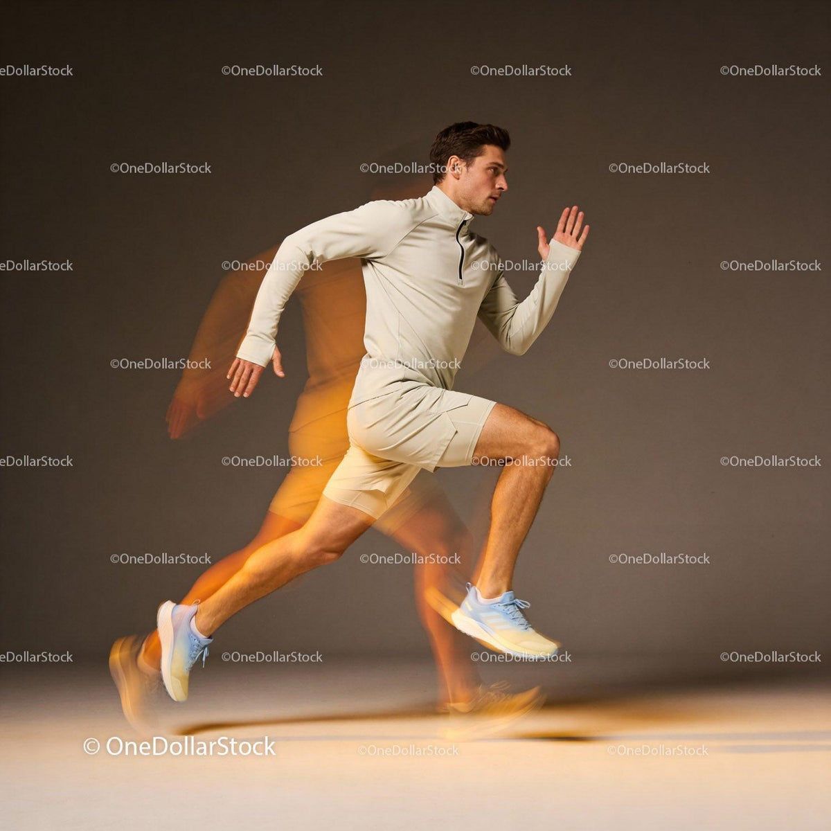 Athlete Sprinting with Motion Blur on Neutral Background