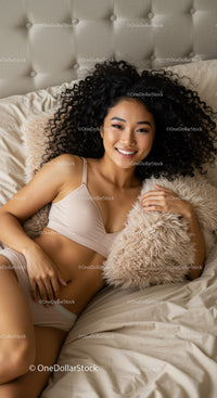 Smiling woman relaxing on bed with cozy pillow