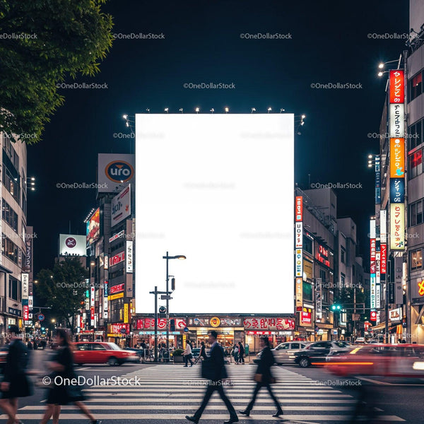 Busy Urban Crosswalk with Illuminated Billboard at Night JPG Mockup Image