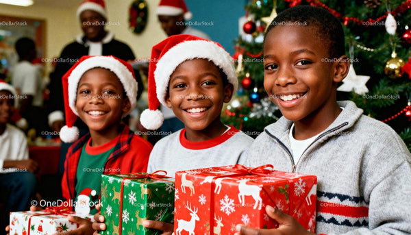 Smiling children enjoying Christmas with holiday gifts