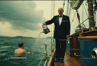 Elegant Man in Tuxedo Watering Young Man in Pool on Boat Deck