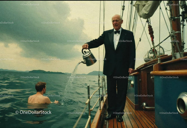 Elegant Man in Tuxedo Watering Young Man in Pool on Boat Deck