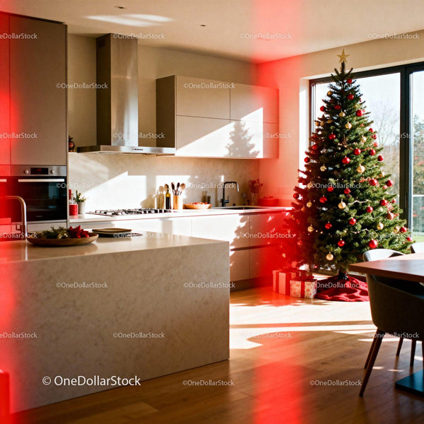 Modern kitchen with decorated Christmas tree and gifts