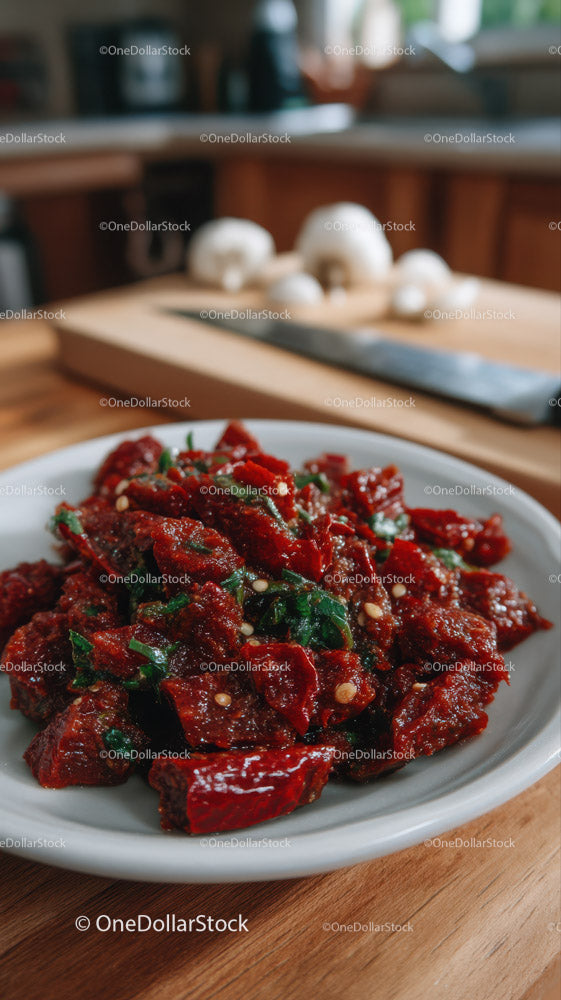 Pikantne chili wołowe ze świeżymi ziołami na drewnianym stole