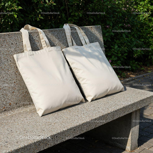 Two blank cotton tote bags on stone bench outdoors JPG Mockup Image