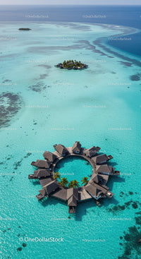 Overwater Bungalows on Turquoise Lagoon in Exotic Tropical Paradise