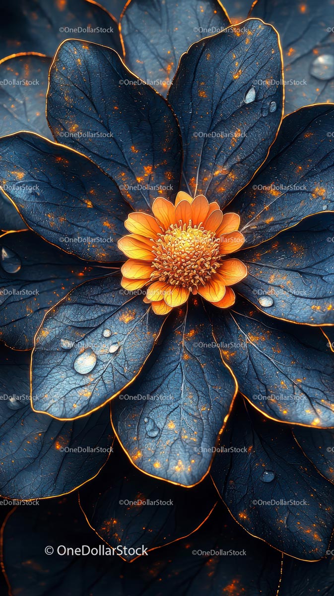 Dark Blue Leaves with Orange Edges and Bright Flower Center