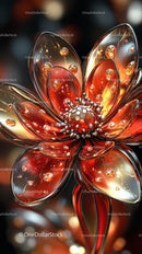 Elegant Glass Flower Sculpture in Red and Gold with Sparkling Details