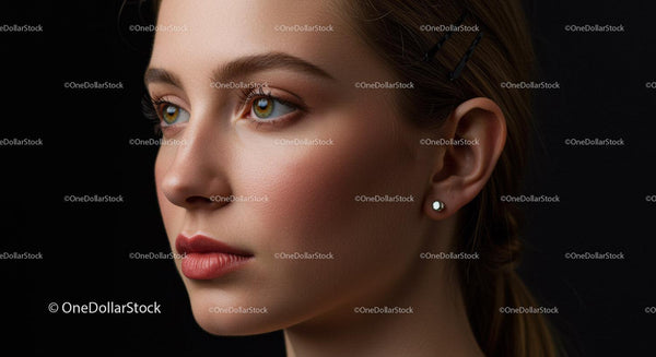 Portret młodej kobiety z niebieskimi oczami i brązowymi włosami w ujęciu beauty