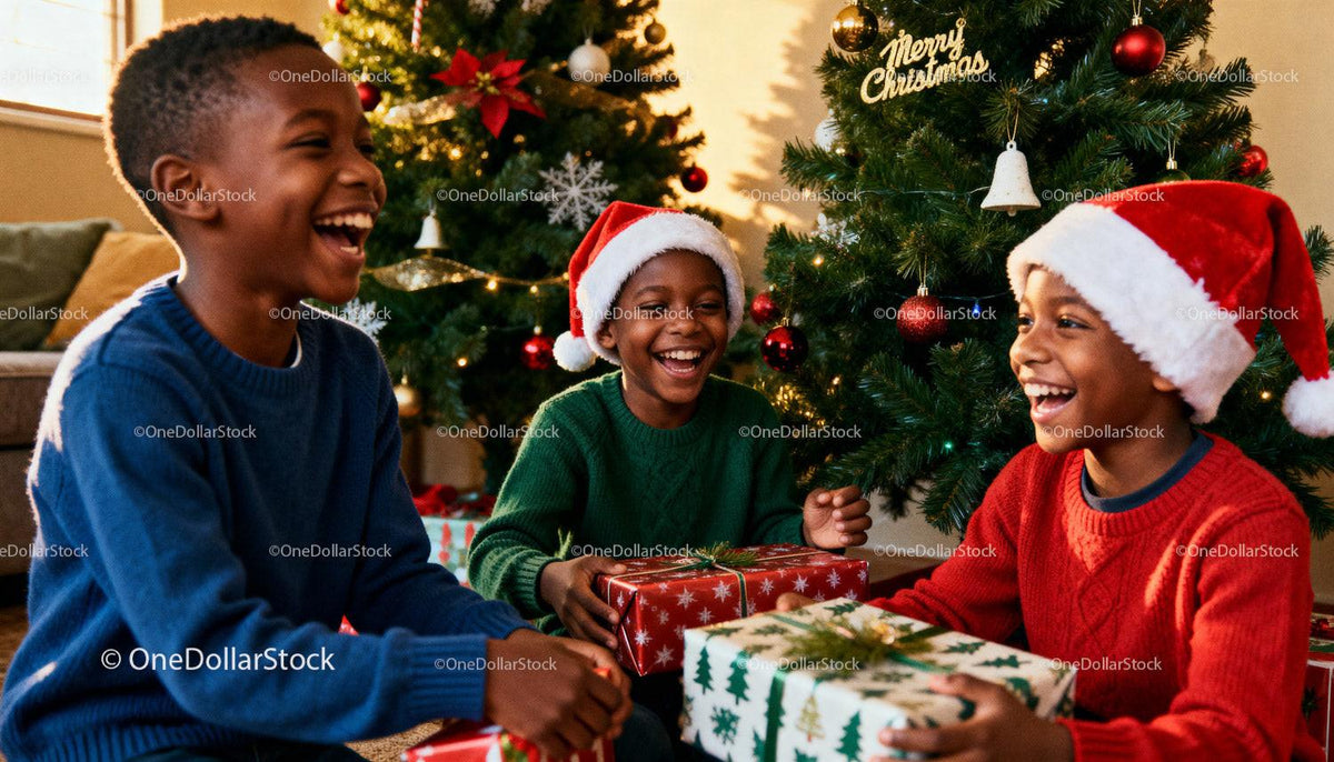 Joyful children exchanging gifts by Christmas tree